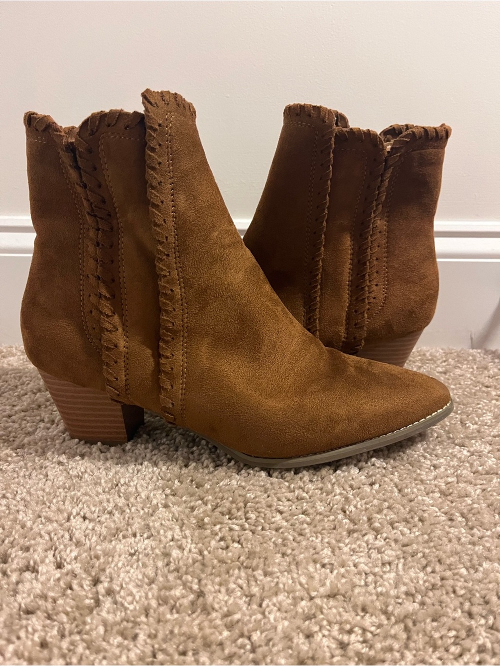 Cato Tan Suede Ankle Booties with Whipstitch Detailing